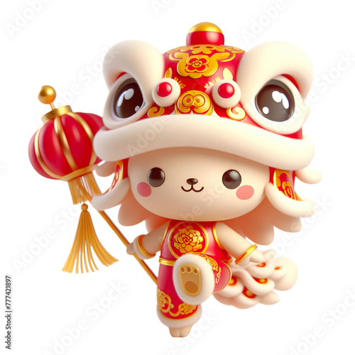 Cute character 3D image concept art of a cute lion dancing. Lunar new year Red and yellow color scheme  minimalist white background isolated PNG