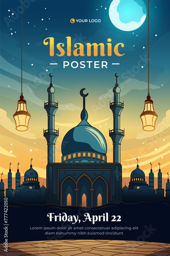 Islamic poster with mosque and lanterns for flyer, social media story and print template