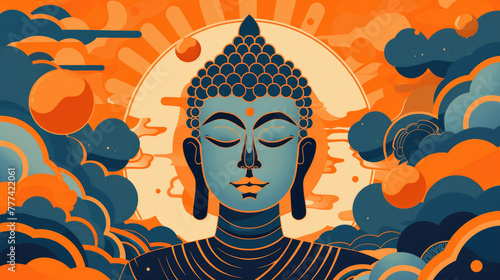 A vector illustration of Buddha, with sun behind him and clouds around his head, simple flat design