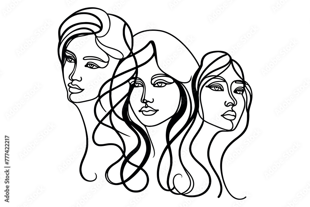 Silhouettes of women's faces. Continuous one line drawing, white background. Vector illustration