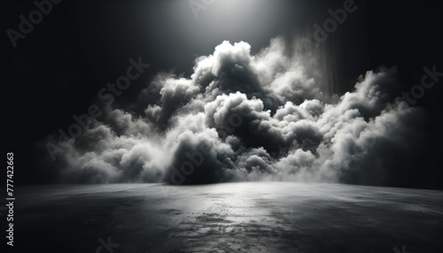 Billowing smoke clouds in dramatic light on dark concrete floor. Abstract and nature concept. Generative AI