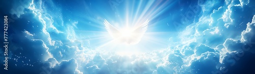 Holy Spirit dove is flying in clear blue sky, beautiful sun rays shine around.