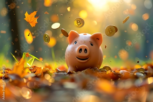 A pig is sitting on a pile of leaves and coins