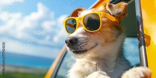 Cute happy dog looking out of car window. © inspiretta