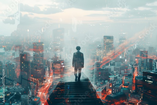 A man is walking up a staircase in a city. The image is a reflection of the city below, with the man's reflection visible on the stairs. Scene is one of ambition and determination.