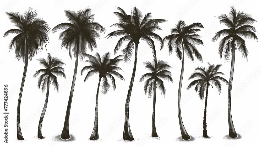 This exotic botanical print features a silhouette of a coconut palm tree in a tropical setting. This exotic botanical print features a silhouette of a coconut palm tree in a tropical setting.