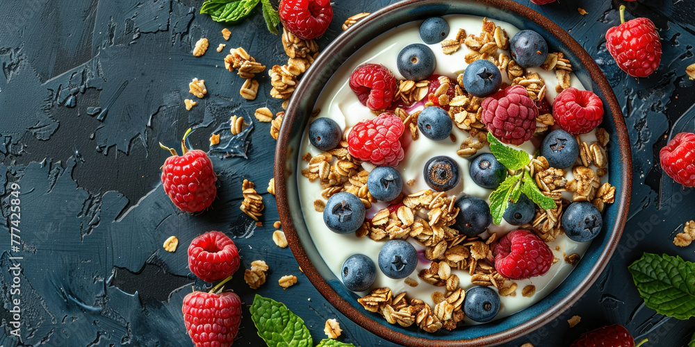 Healthy Breakfast Yogurt Bowl with Fresh Berries, Granola and Honey on Dark Table, Top View