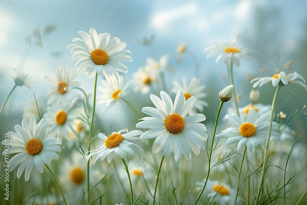 Fototapeta premium Daisies On Field - Abstract Spring Landscape blur background