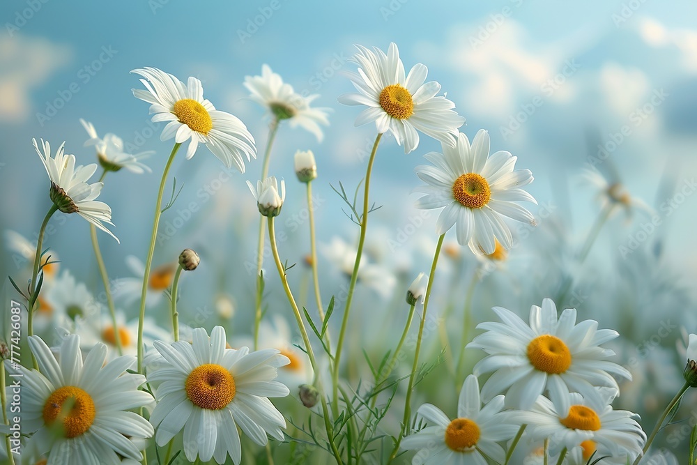 Fototapeta premium Daisies On Field - Abstract Spring Landscape blur background