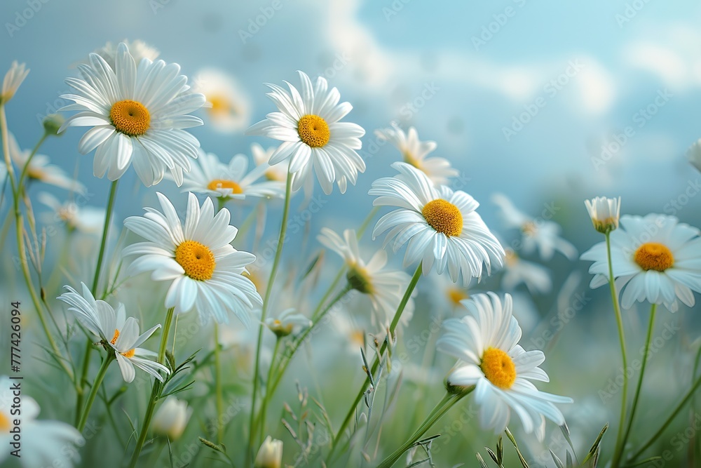 Fototapeta premium Daisies On Field - Abstract Spring Landscape blur background