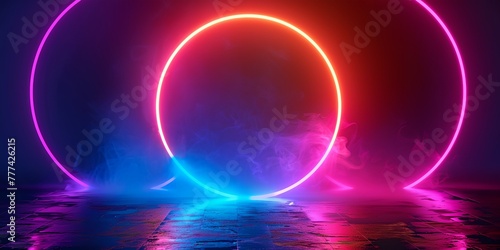 A colorful, glowing, and abstract scene with three large circles of different colors. The circles are surrounded by smoke and steam, creating a mysterious and otherworldly atmosphere