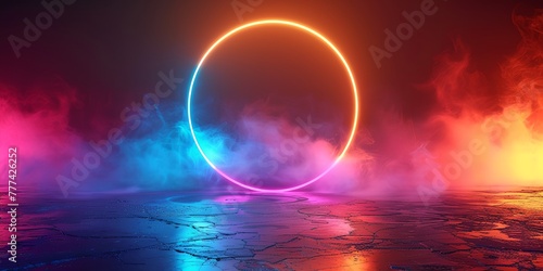 A glowing circle of smoke and fire is floating above a body of water. The colors of the smoke and fire are bright and vibrant  creating a sense of energy and excitement. The scene is dynamic