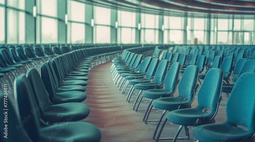 Fototapeta premium Rows of empty chairs await business seminar. Modern conference room interior. Corporate meeting space.