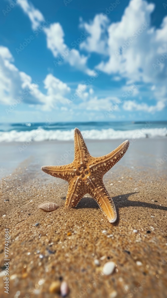 Starfish on the summer beach. Summer background. Tropical sand beach Starfish on the summer beach. Summer background. Tropical sand beach