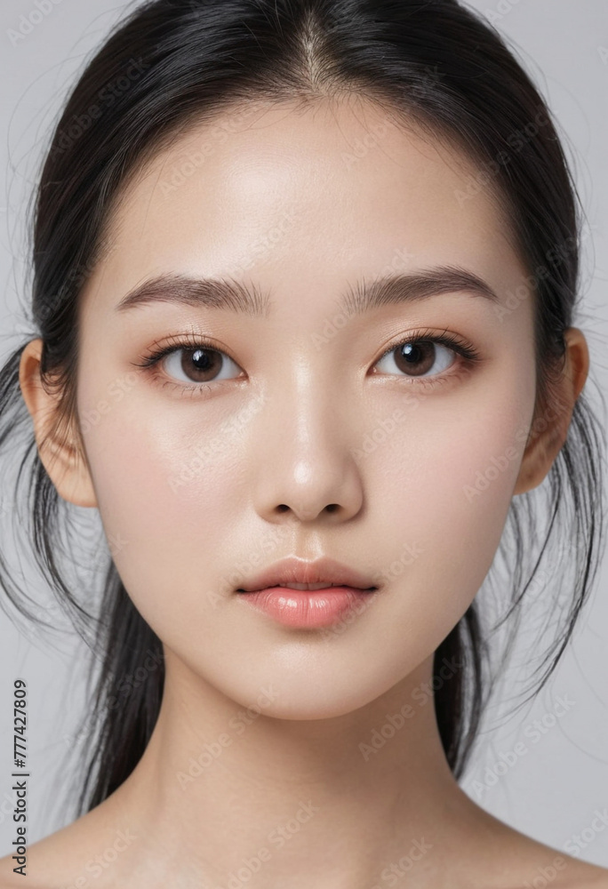 Fototapeta premium beautiful Korean girl good skin black hair white background skin care Hight detail