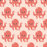 Seamless pattern of cute octopus on pink background. Marine life animals. Template for print, baby shower, wallpaper, greeting cards and invitation. Vector illustration