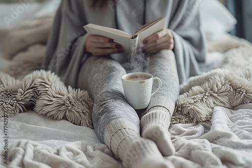 Fototapeta Naklejka Na Ścianę i Meble -  Woman reading a book in bed with cup of coffie.