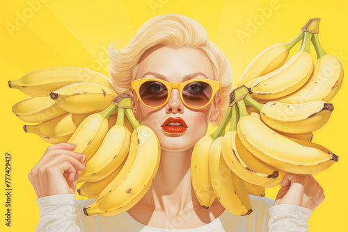 Beautiful girl in stylish sunglasses on yellowl background with banana fruits. Retro style