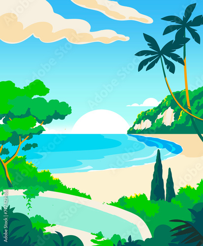 Sunny Landscape Tropical Illustration of Beach with Balcony in the Summer (ID: 777429486)