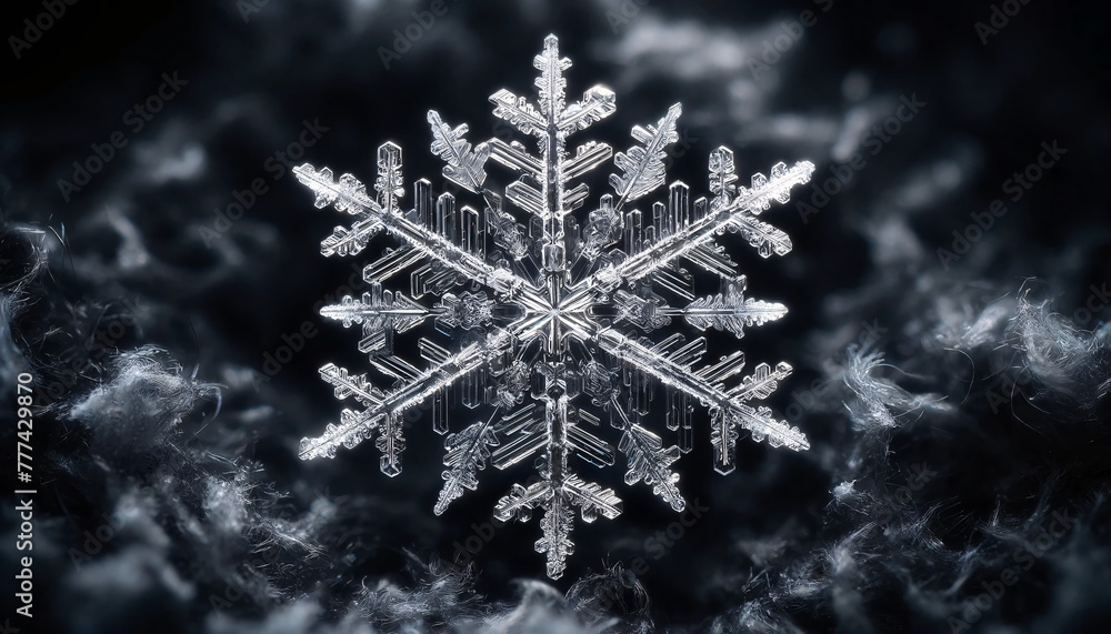 A crystal clear snowflake, captured in a macro photograph. The snowflake is centered and exquisitely detailed A crystal clear snowflake, captured in a macro photograph. The snowflake is centered and exquisitely detailed