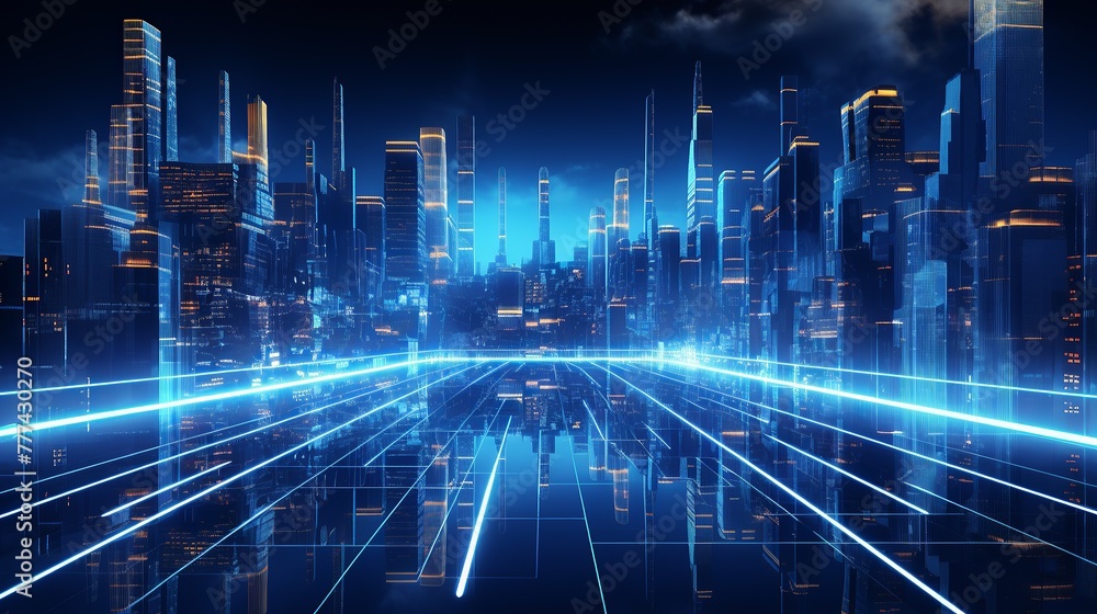 A blue lit city cityscape with lines. Illustration of night city street on dark blue color sky background with Line art style design. A blue lit city cityscape with lines. Illustration of night city street on dark blue color sky background with Line art style design.