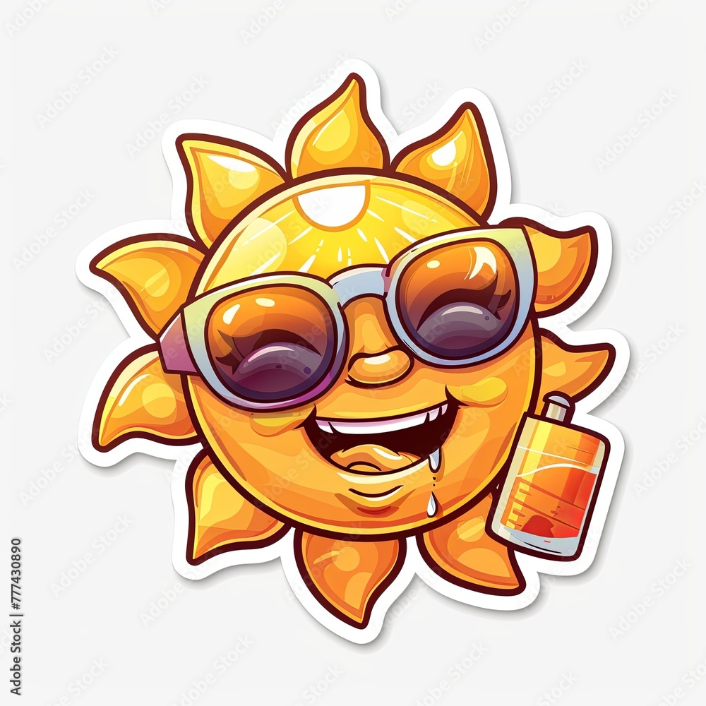 Sticker of a cute smiling sun wearing sunglasses and applying sunscreen