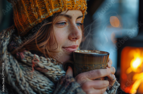 Cozy image of a woman sipping a warm beverage with a fireplace in the background