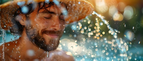 Playful Gardener Cools Off by Rinsing Face with Watering Can After Gardening. Concept Gardening, Watering Can, Playful, Cooling Off, Outdoors