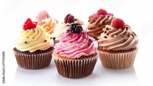 Cupcakes with fresh berries on white background, close up.