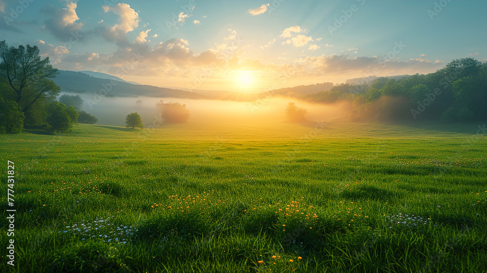 Obraz premium Early Morning Serenity beauty of a summer landscape with a lawn