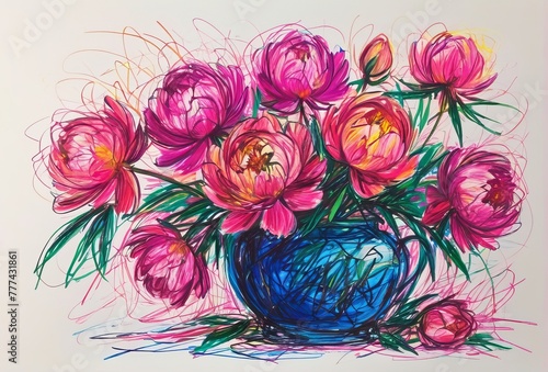 Peonies in vase in chaotic wax crayon drawing style