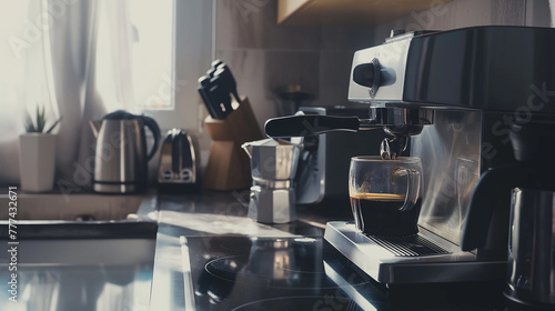 Coffee maker making an expresso coffee in a kitchen. cafe or bar kitchen.  photo