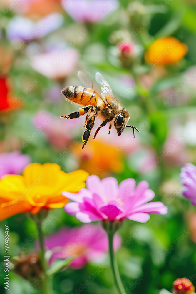 Bee flying over flowers in meadow, close up