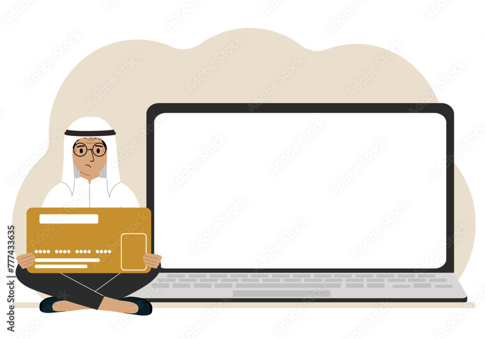 A man sits cross-legged and holds a large plastic card. Next to the man is a large laptop with space for text. Vector flat illustration