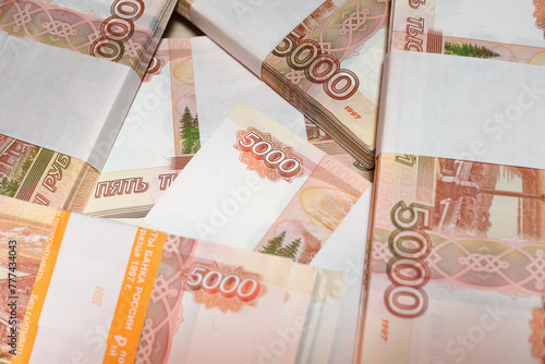 Five thousand banknotes of bank of Russia close-up, business concept. Selective focus, blur.