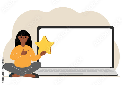 Online feedback, customer experience, user satisfaction concept. Woman giving star rating online using laptop. Positive feedback, business survey. Isolated vector illustration