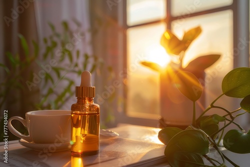 A calm morning scene with sunlight shining through. It contains an essential oil serum that emphasizes the restorative properties of the serum.