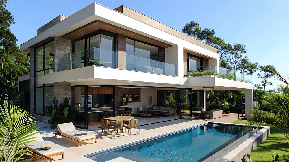 Brazilian house with modern architecture, with glass, swimming pool and outdoor environment Brazilian house with modern architecture, with glass, swimming pool and outdoor environment