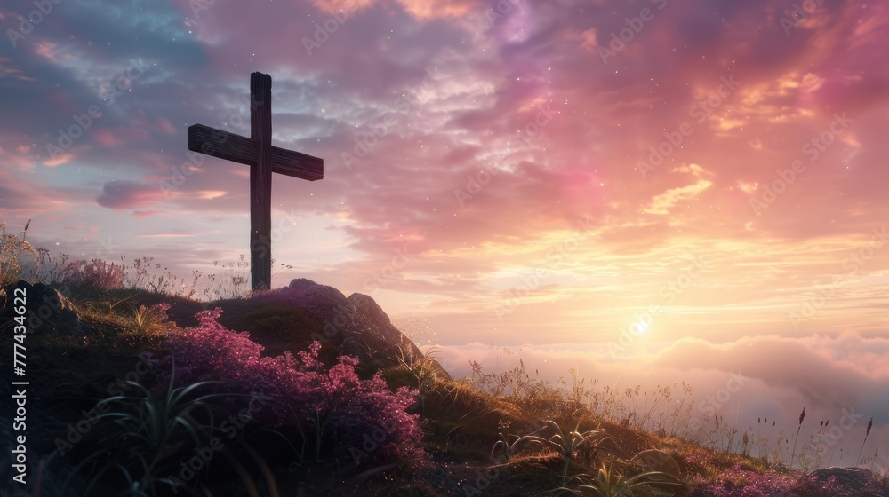 The morning sun rises behind a rustic cross atop a mountain, surrounded by wildflowers and a sea of clouds under a pink sky. The morning sun rises behind a rustic cross atop a mountain, surrounded by wildflowers and a sea of clouds under a pink sky.
