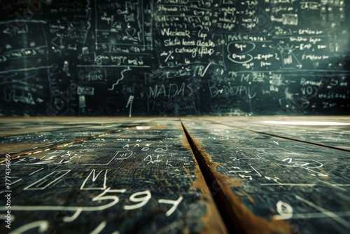 A blackboard covered with sophisticated mathematical formulas written in chalk photo
