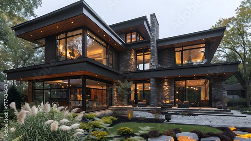 Brazilian house with modern architecture, with glass, swimming pool and outdoor environment