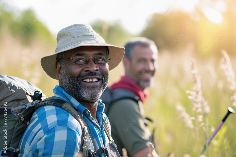 Middle aged multiracial couple or friends hiking outdoors Middle aged multiracial couple or friends hiking outdoors