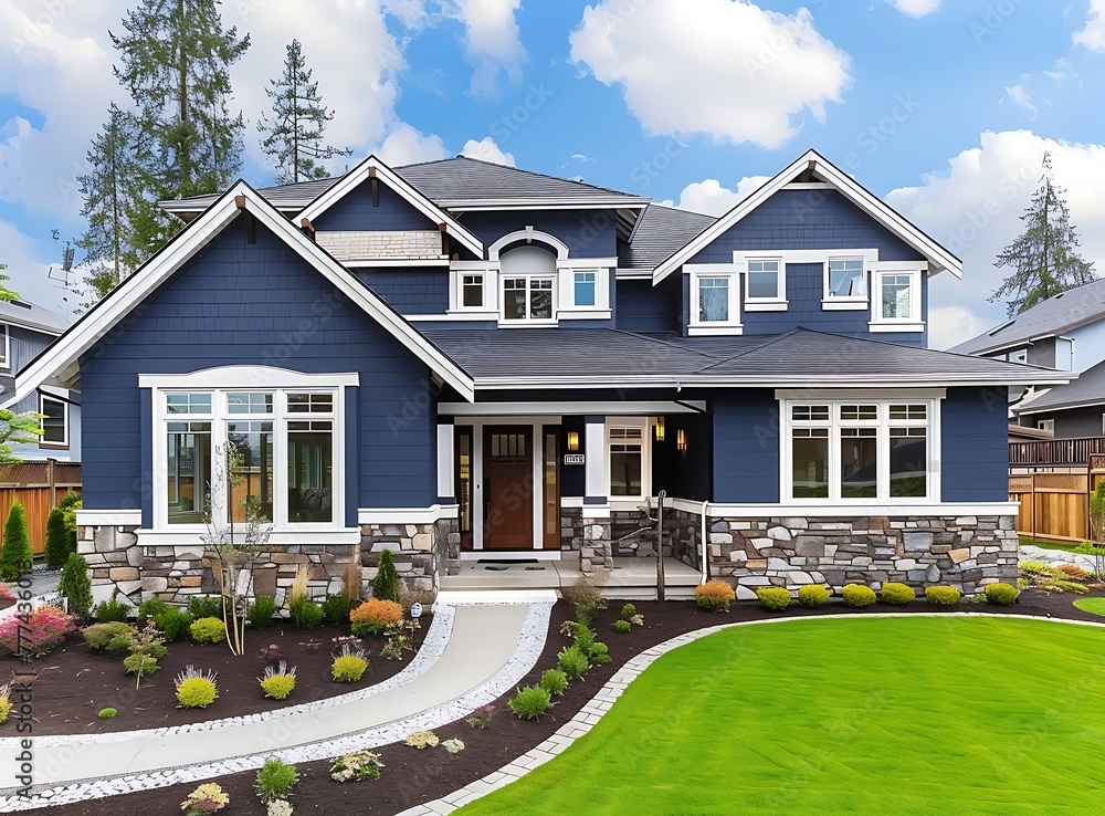 New luxury home exterior with navy blue paint, white trim and beautiful