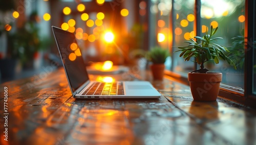 A laptop computer is placed on a wooden table beside a potted plant, soaking in the ambient sunlight that casts an amber glow on the rooms architecture photo