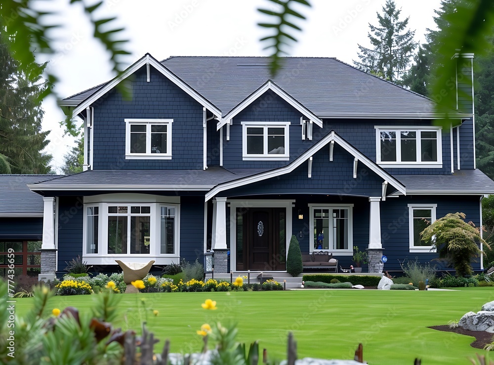 New luxury home exterior with navy blue paint, white trim and beautiful