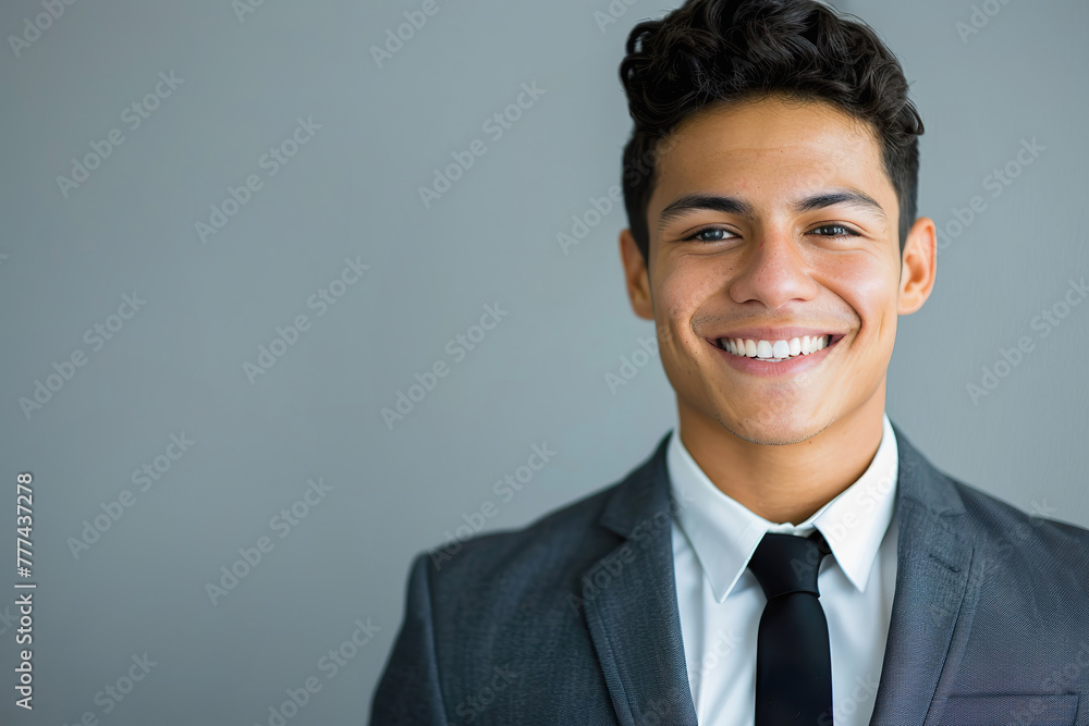 Confident Hispanic Businessman Smiling Against Gray Backdrop Confident Hispanic Businessman Smiling Against Gray Backdrop