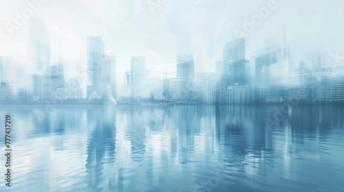 A blurred photograph of an urban skyline, with the focus on reflections in water and glass buildings.