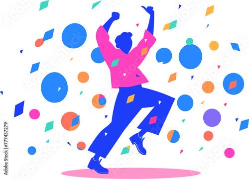 A man dancing energetically with colorful confetti flying around. Celebration, happiness. Flat vector illustration.
