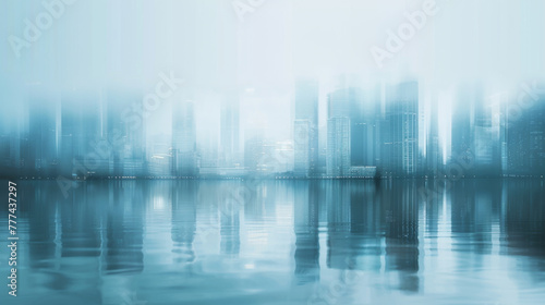A blurred photograph of an urban skyline  with the focus on reflections in water and glass buildings.
