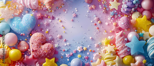 A delightful pastel-colored frame created with candy and confetti, suitable for joyful events.
